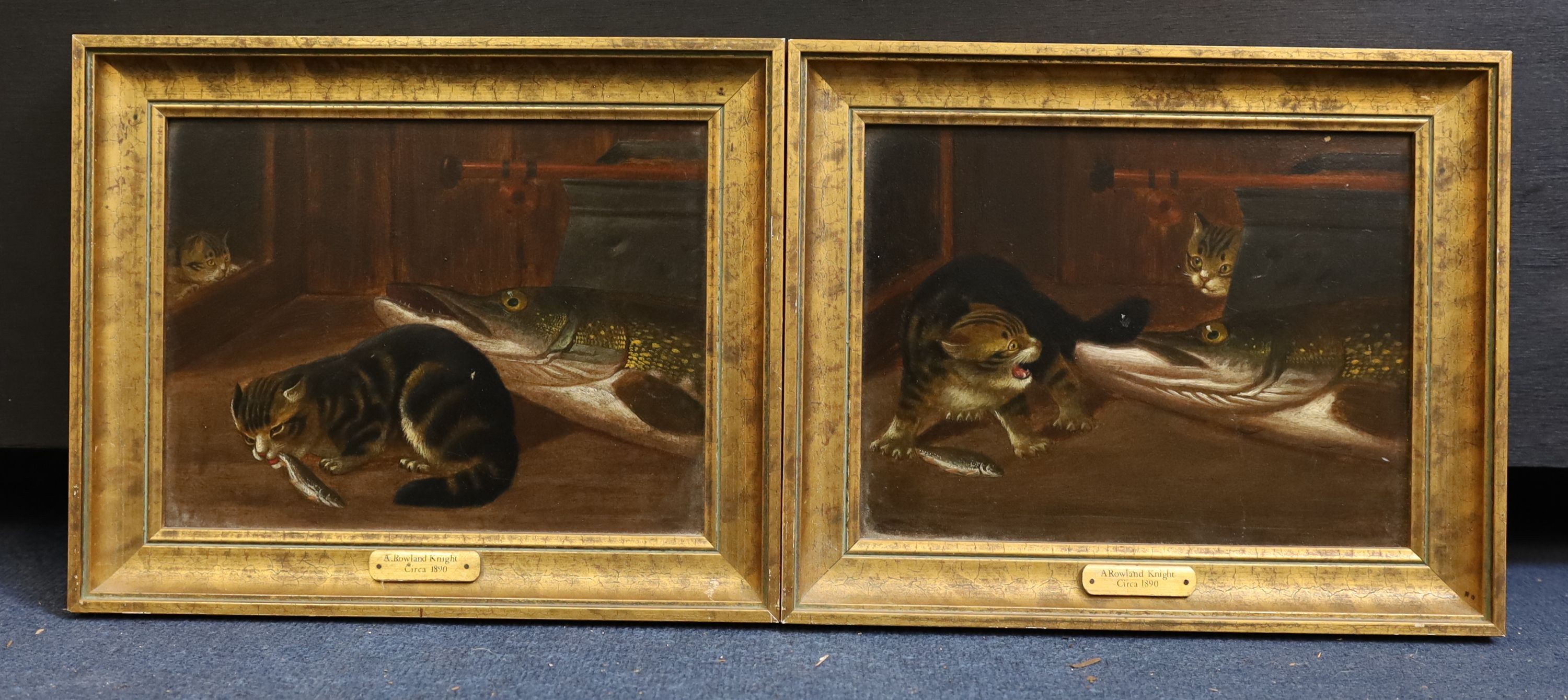 A. Rowland Knight (fl.1810-1840), Cat bitten by a pike, pair of oils on card, x